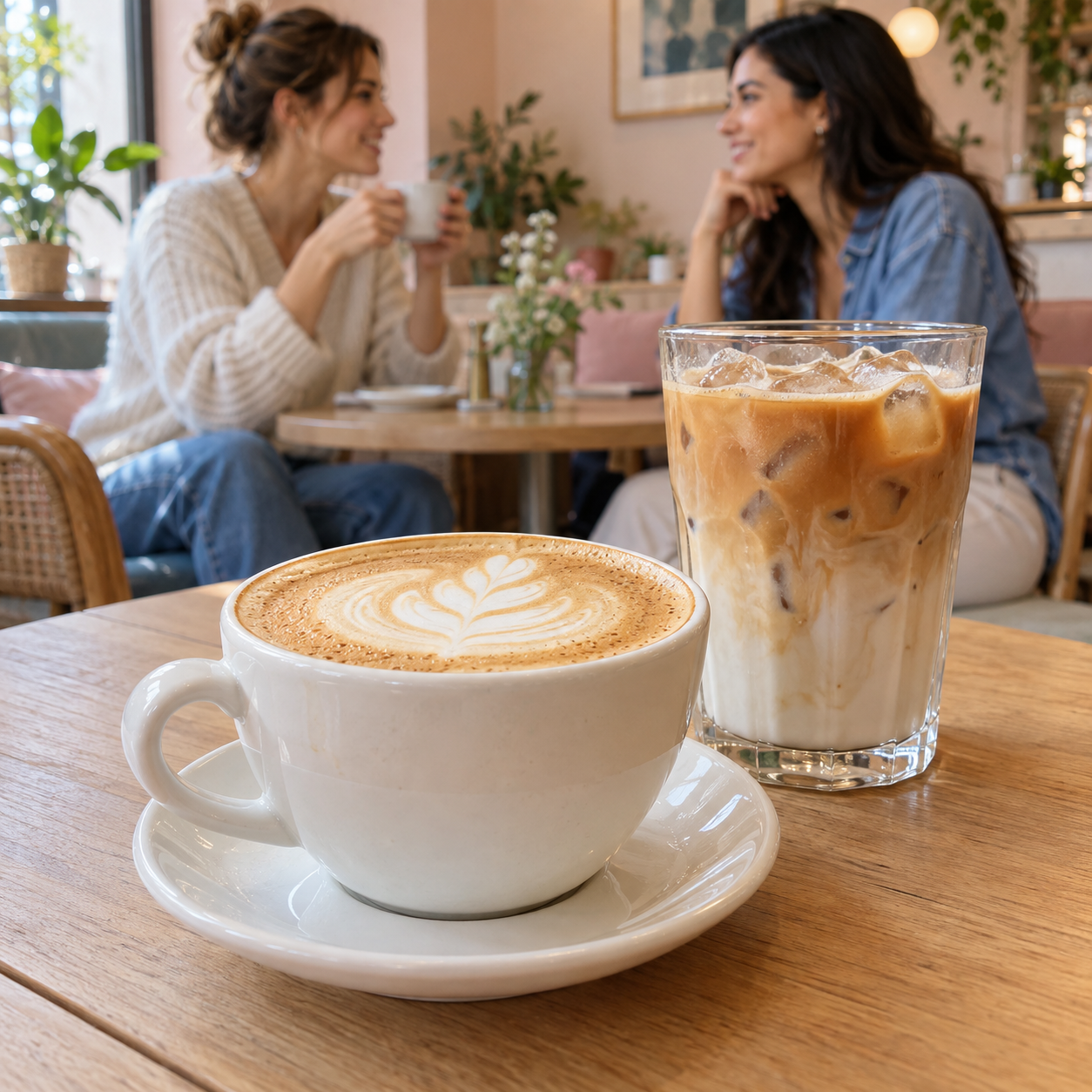 Un cappuccino și un latte cu gheață pe o masă, cu două persoane în conversație în fundal.